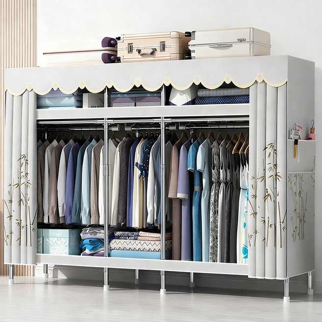 [시스슈] 조립식 3단 이동식 행거 시스템 강화 철제 프레임 | 대용량 하단 수납공간 & 먼지방지 커튼 장착간이옷장 합금 조립식옷장 비키니 옷장, 연회색