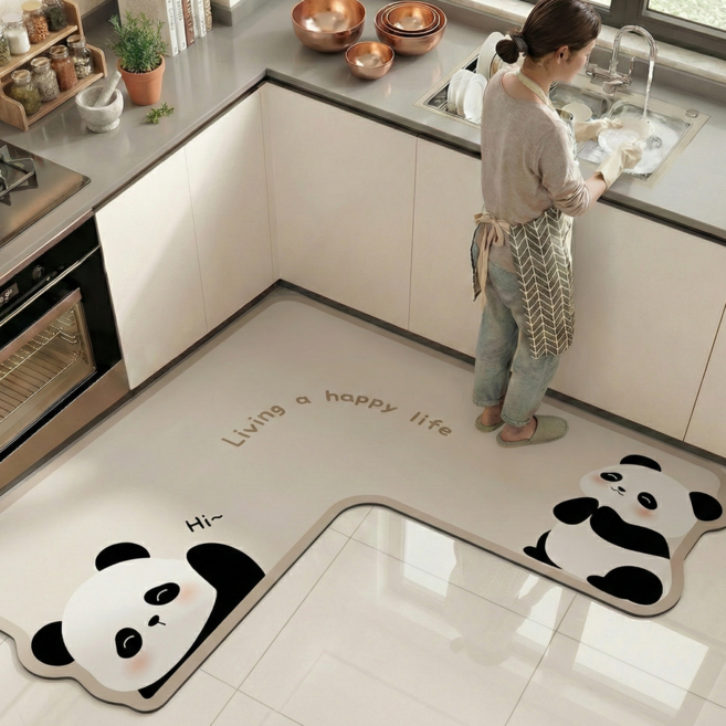 웨이백홈 귀여운 규조토 기역자 주방 발매트, 작은 팬더들