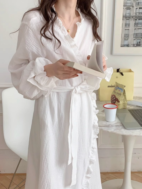 簡約長袖睡袍 荷葉邊純色家居服