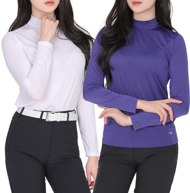 <BFL> (1+1) 여성 반목 긴팔 티셔츠 / 실키한 냉감 스트라이프 스판 스포츠 골프 이너 긴팔티