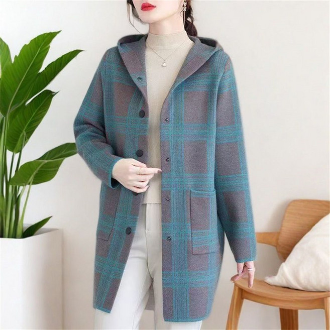 TKX 코트 여성용 베이직 간절기 겨울 체크 후드 핸드메이드 고급 A라인 엄마옷