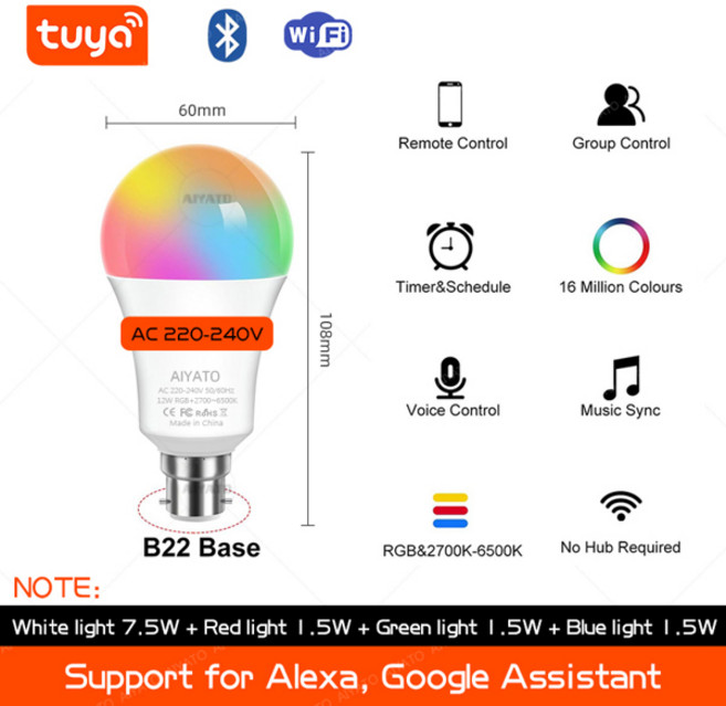 B22 베이스 UK TUYA 와이파이 스마트 전구 블루투스 램프 LED RGB 스마트 조명 220V 알렉사 구글 어시스턴트 음성 제어 타이밍 앱 그룹 제어, 1
