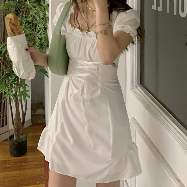 韓版法式方領泡泡短袖連衣裙 夏季新款系帶收腰顯瘦連衣裙女裝, 白色,L