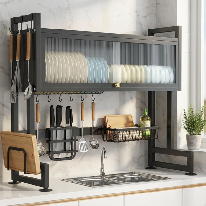 에스엘 프리미엄 싱크대 식기건조대 상부장형 대용량 주방정리선반 그릇건조대, 1개, 블랙