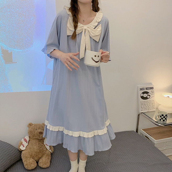 하이마이 여성 여름 빅사이즈 반팔 면 잠옷원피스 리본 러블리 수면 홈웨어