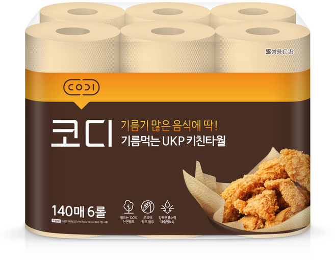 코디 기름먹는 무표백 키친타월 140매x6롤 6팩