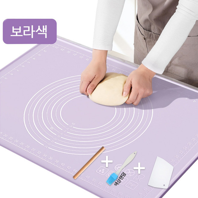 베이킹작업매트 가정용 실리콘 식품급 미끄럼 방지판 반죽 도마 +밀대+스크레퍼 3in1 도구세트, 퍼플, 1개