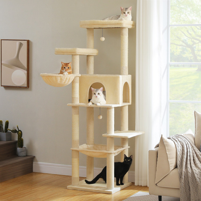 PAWZ Road 7단 대형 심플 패브릭 고양이 캣타워185cm 해먹*2+전망대*2+숨숨집, 1개, 천 베이지