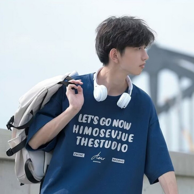短袖T恤男【M-5XL】青少年韓版日系夏季新款印花情侶五分袖上衣