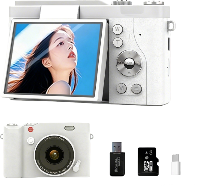 빈티지 디지털 카메라 Y2k 디지털 카메라 6400만 4K 사진기 16배줌 SD카드 USB포함, 화이트