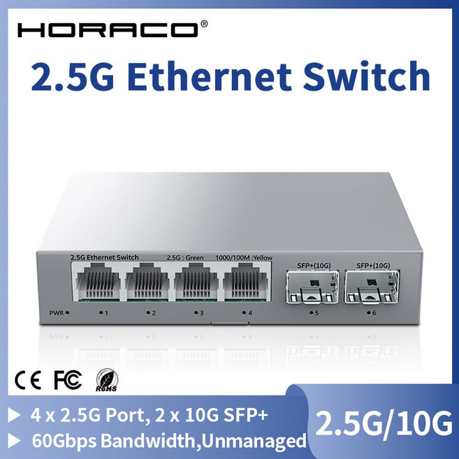 HORACO 2 5Gb T 스위치 5G 네트워크 0G 앤 플러그 및 5GBASE RJ45 2포트 SFP 비관리형 플레이 팬리스 4포트, US Adapter