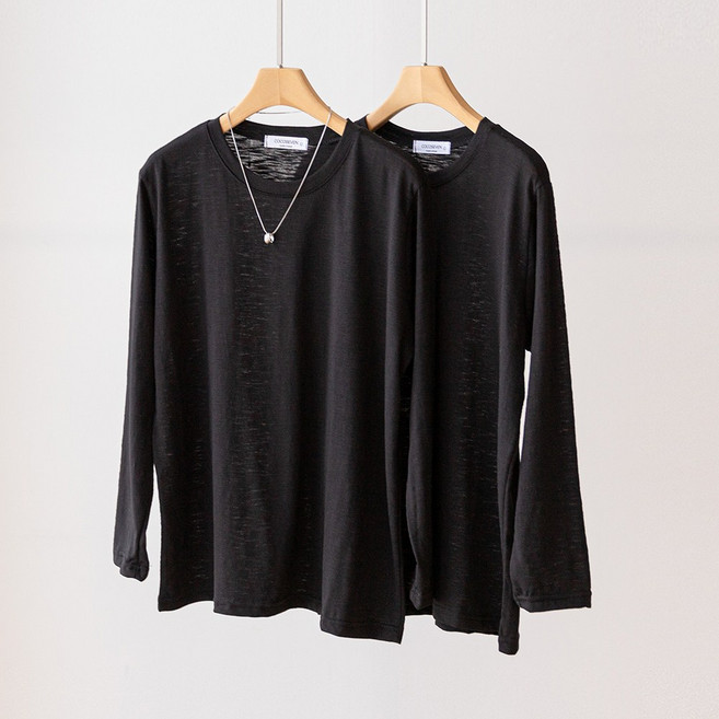 코코세븐 1+1 여성 빅사이즈 간절기 얇은 슬라브 시스루 라운드 박스 긴팔 티셔츠