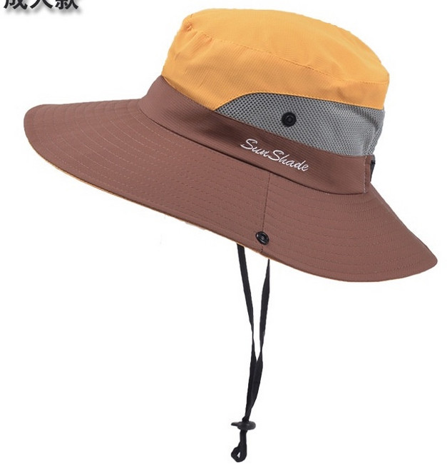 Sun Shade 戶外遮陽漁夫帽 雙面兩用防曬奔尼帽 透氣網眼設計 附防風繩 適合登山釣魚露營 成人黃咖色款
