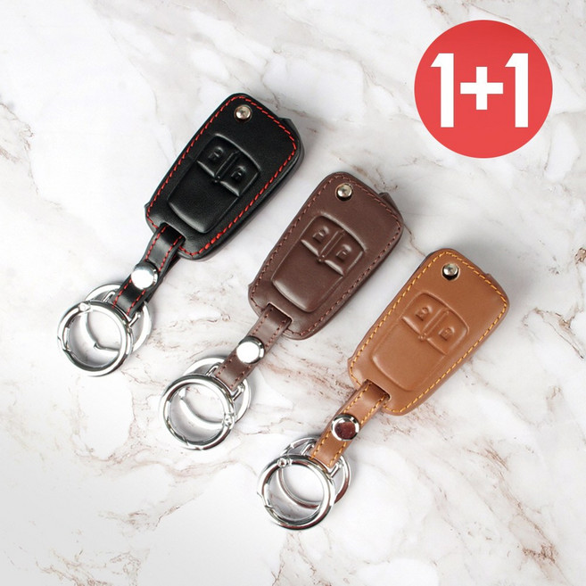 바이어블 1+1 쉐보레 2버튼 가죽 폴딩키 케이스, 블랙+브라운