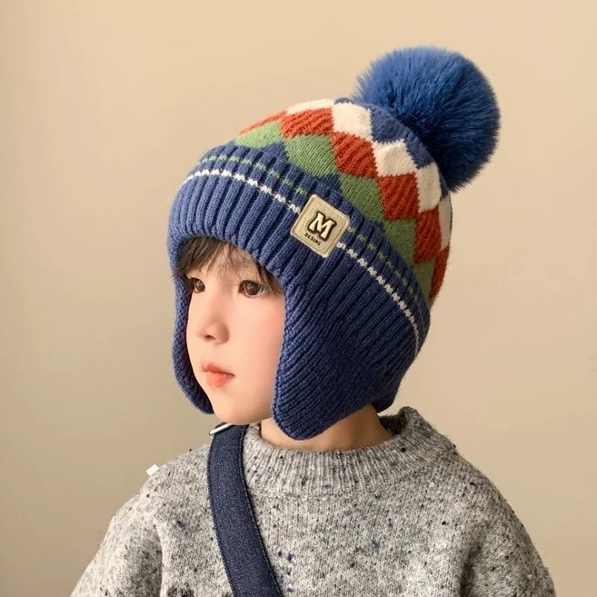소소키즈 아동 공용 체크 니트 방울 모자