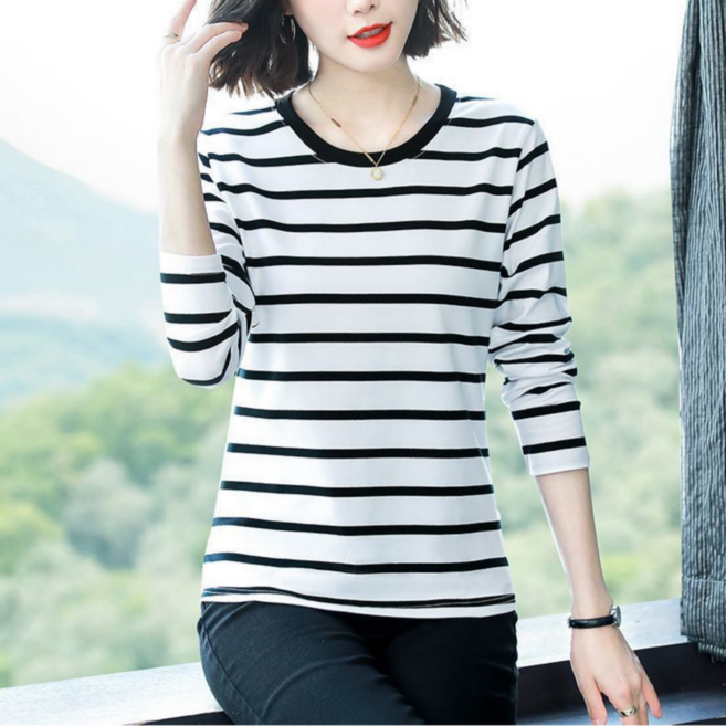 YEON HOME 여성 스트라이프 줄무늬 티셔츠 라운드넥