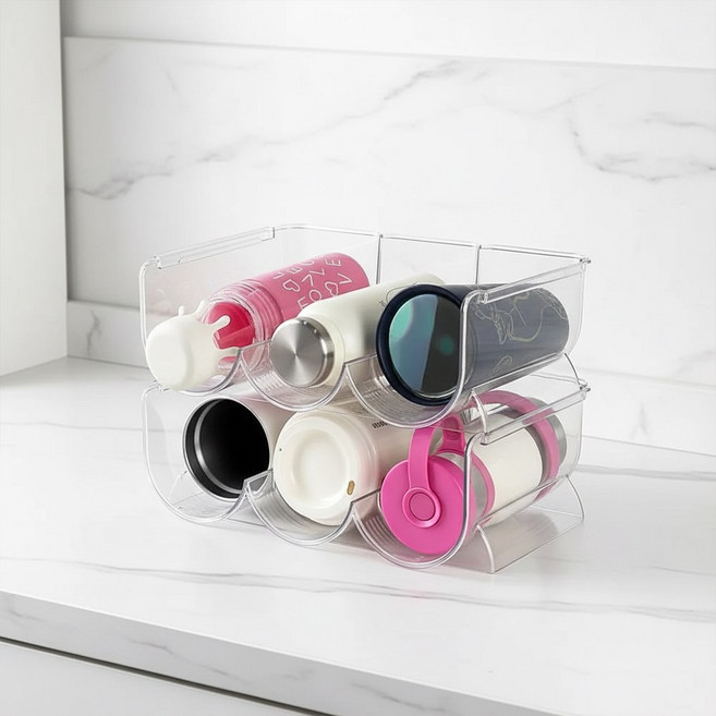 이지유 투명 텀블러 정리대 적층 거치대 물병 와인 음료 수납 보관함, 2개, 3구