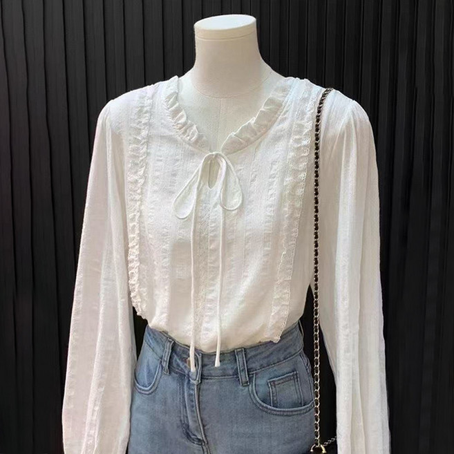 SELEAD 여자 화이트 셔츠 코튼 셔츠 프릴블라우스 여성의류 봄블라우스