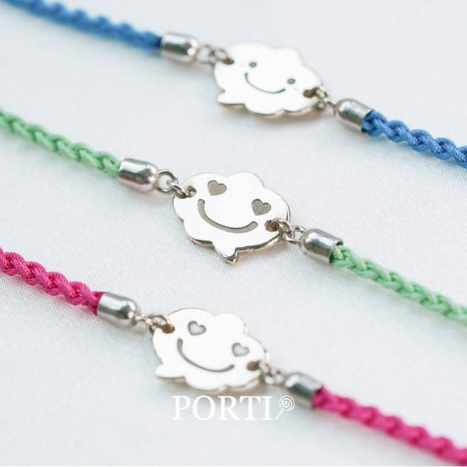 [뽀르띠] 92.5% 실버 뭉게 말풍선 이모티콘 미아방지 실크 매듭 팔찌, 검정색, 미소, 화이트 골드 도금 추가, 1개