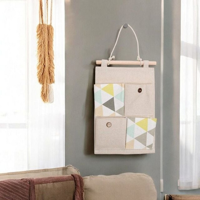 린넨 벽걸이 수납 포켓 4칸 영수증 정리함 다용도 걸이형 주머니, 단일상품0