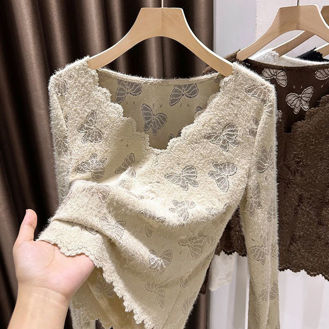 MOSAIRATION 여성 브이넥 빅사이즈 플리스 레이스 긴팔 부드러운 이너 티셔츠 K0112109