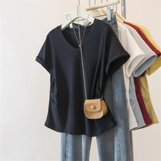 VEZRI 여성 여름 빅사이즈 V넥 정숄더 반팔 티셔츠 허리라인 잡아주는 슬림핏 배꼽커버 디자인 심플 상의