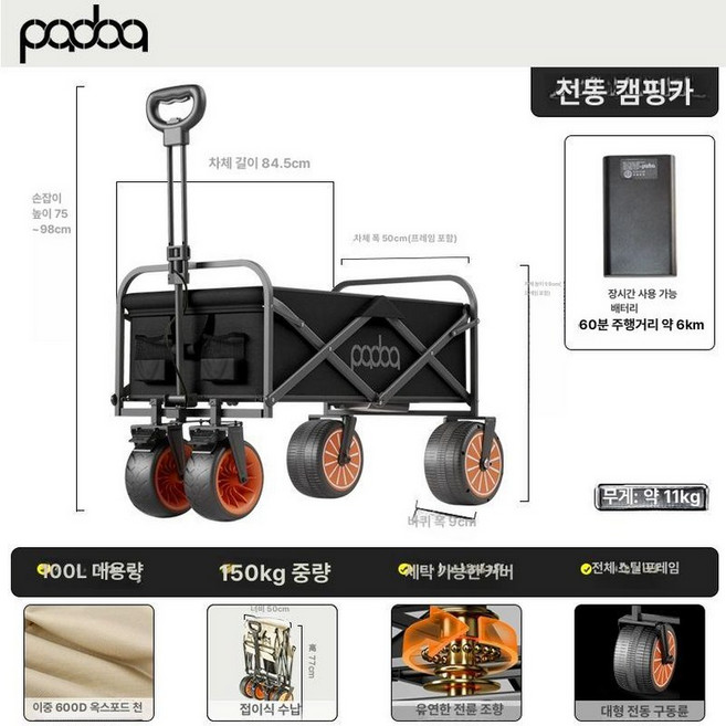 전동웨건 전동카트 트레일러 웨건 운반카 접이식 핸드카 구르마 수레 사륜, 기본 사용 인원, 전동 요란 블랙 6KM 지속 가능 모델