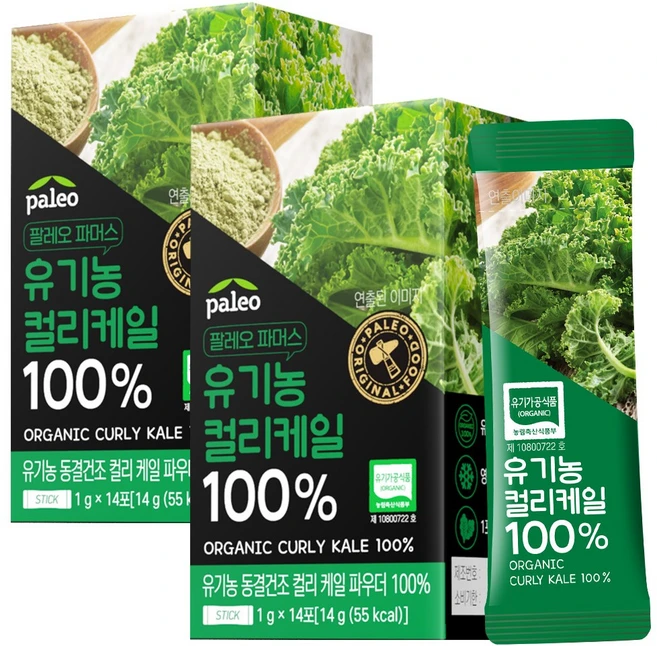 팔레오 동결건조 유기농 컬리케일분말 100% 곱슬케일 스틱, 14g, 2개 - 쿠팡