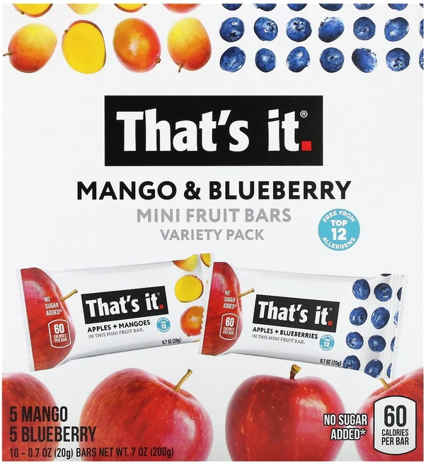 That's It 미니 과일 바 버라이어티 팩 망고 블루베리 바 10개 각 20g(0.7온스), 1개, 200g - 쿠팡