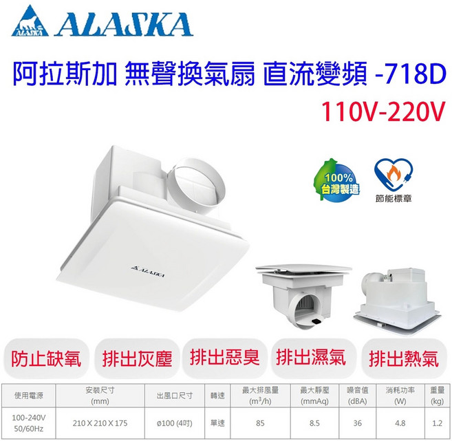 阿拉斯加 ALASKA 718D DC直流 無聲換氣扇, 1個