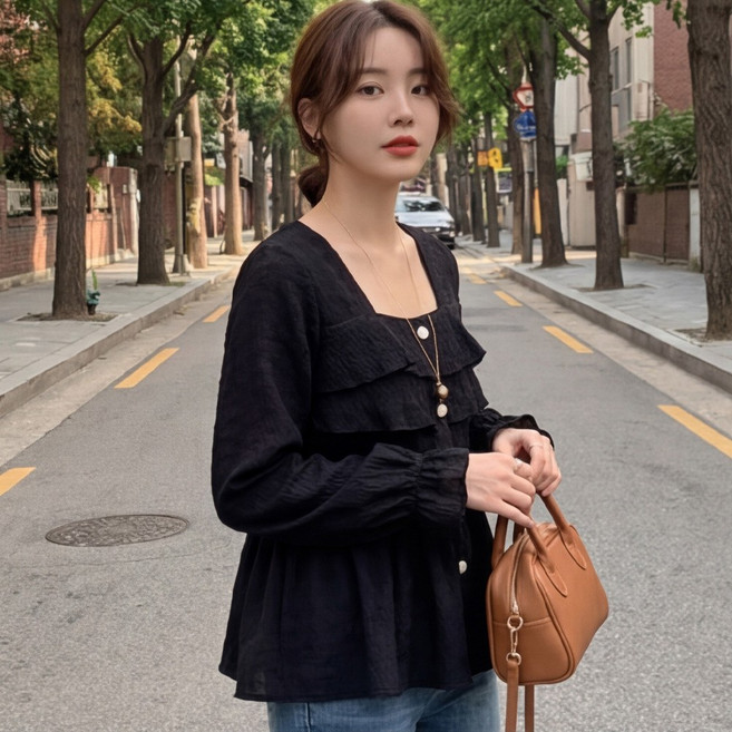 B178-1 란티슈 빅사이즈 여성 프릴 스퀘어넥 블라우스 봄가을용