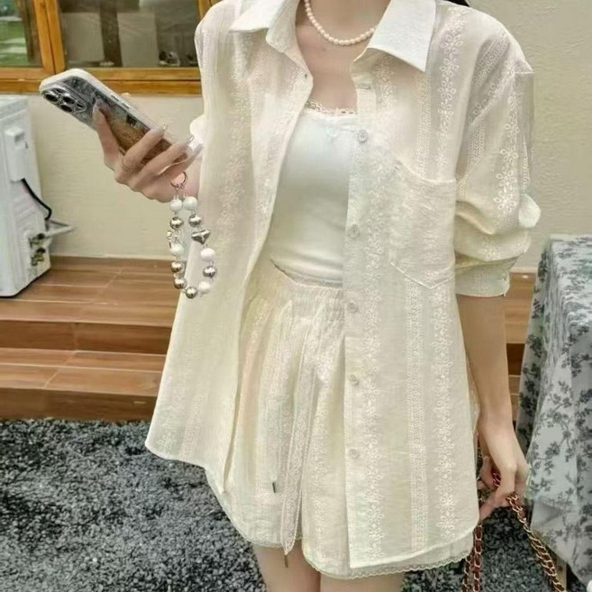 天絲刺繡蕾絲襯衫 夏季薄款微透防曬開衫 百搭寬鬆長袖外套 女