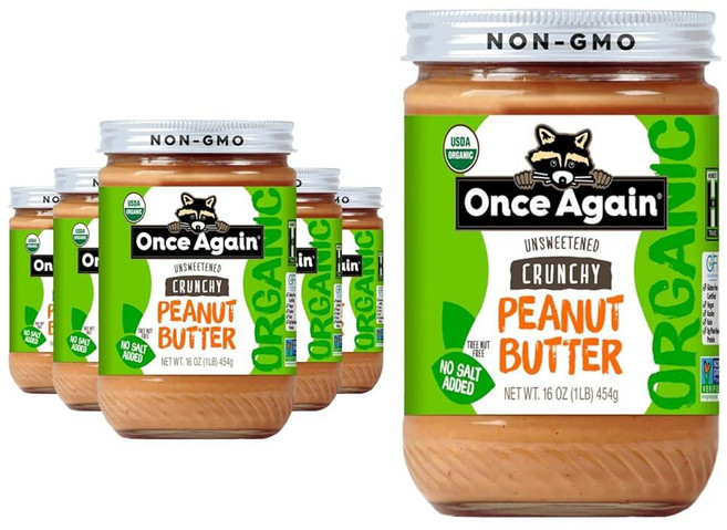 Once Again 바삭한 땅콩 버터 무설탕 단일 성분 무염 팜 오일 유리병 GMO 프리 글루텐 청키 무가당, 454g