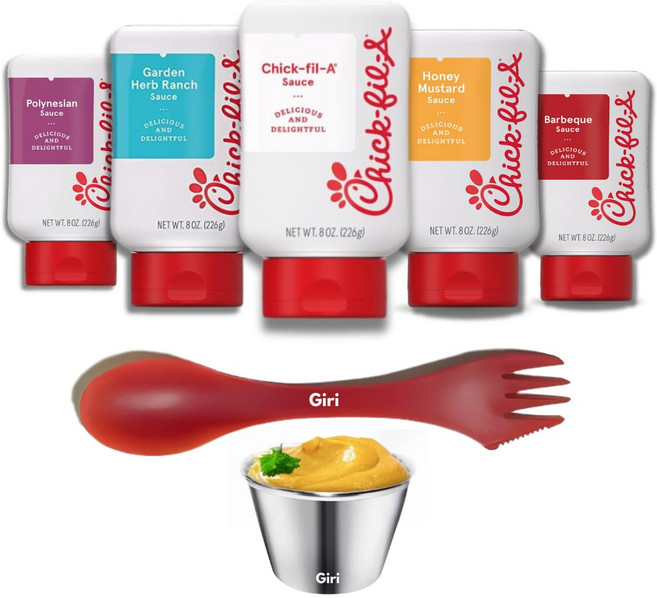 칙필레 소스 버라이어티 팩: 오리지널 폴리네시안 허니 머스타드 바비큐 가든 허브 랜치 8oz + Giri 플라스틱 스포크 및 스테인리스 스틸 소스 컵, 1개, 1.2kg
