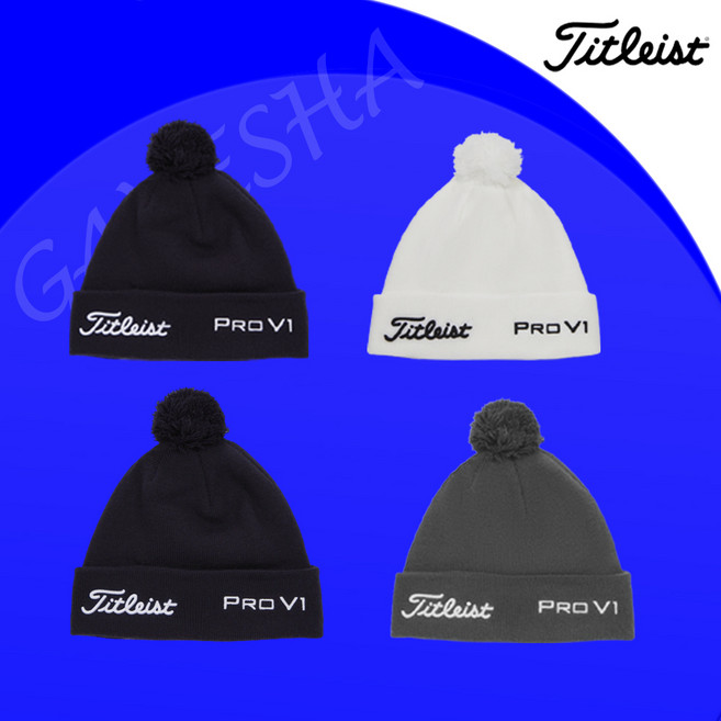 타이틀리스트 투어 폼폼 남성용 겨울 골프 비니 모자, 네이비 + 화이트