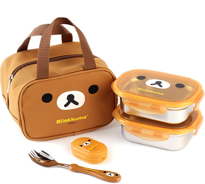 리락쿠마 아동용 2단 스텐 도시락 + 포크스푼, 리락브라운, 1세트