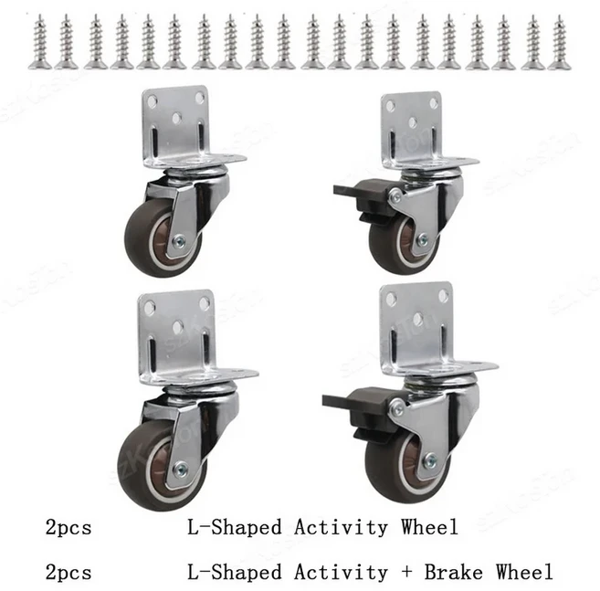 4Pcs L 자형 가구 캐스터 플랫폼 트롤리 액세서리 회전 가정용 1-2 인치 공용 부드러운 고무 바퀴, 03 2Activity 2Brake-B, 03 1.5 inch