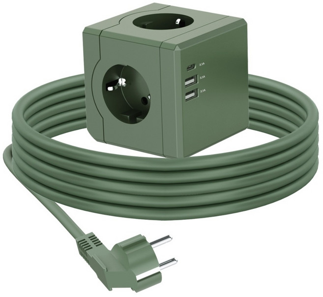 큐브 멀티탭 USB C타입 리드선 3구 멀티콘센트, 1개, 3m, 그린