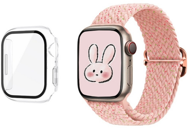 아이비온 애플워치 솔로 루프 니트 스트랩 + 투명 풀커버 케이스, 블라썸