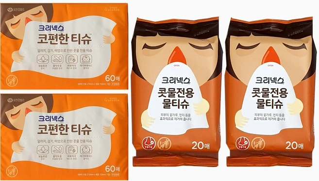 크리넥스 코편한티슈 60매 2개 + 콧물전용 물티슈 20매 2개, 1세트, 1세트 - 쿠팡