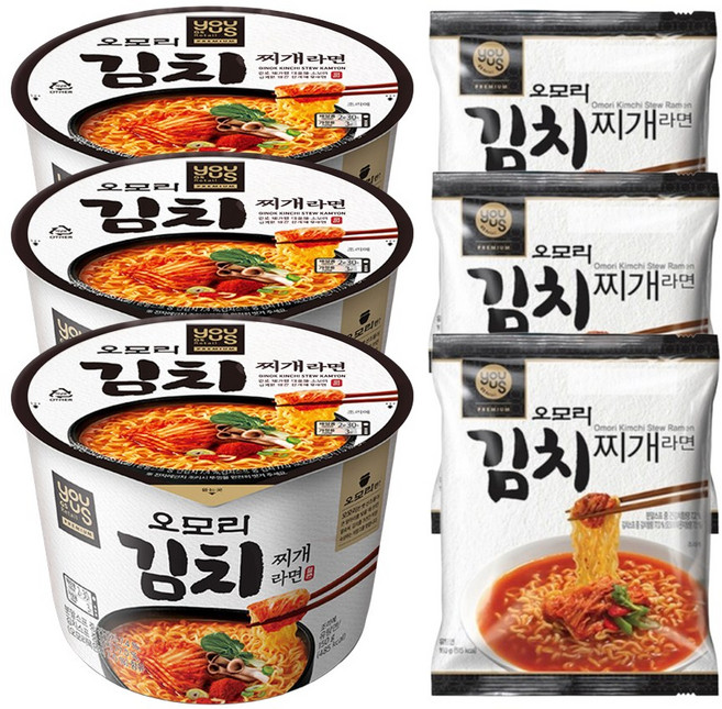 오모리 김치찌개라면 봉지3입 + 큰컵3입 혼합세트 얼큰한 김치찌개라면