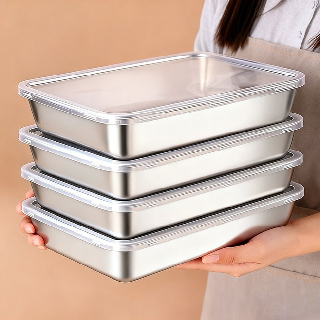 한연솔 스테인리스 초경량 사각 스텐밧드 용기 바트 뚜껑 세트 주방용품 세트, 4개, 밧드+덮개