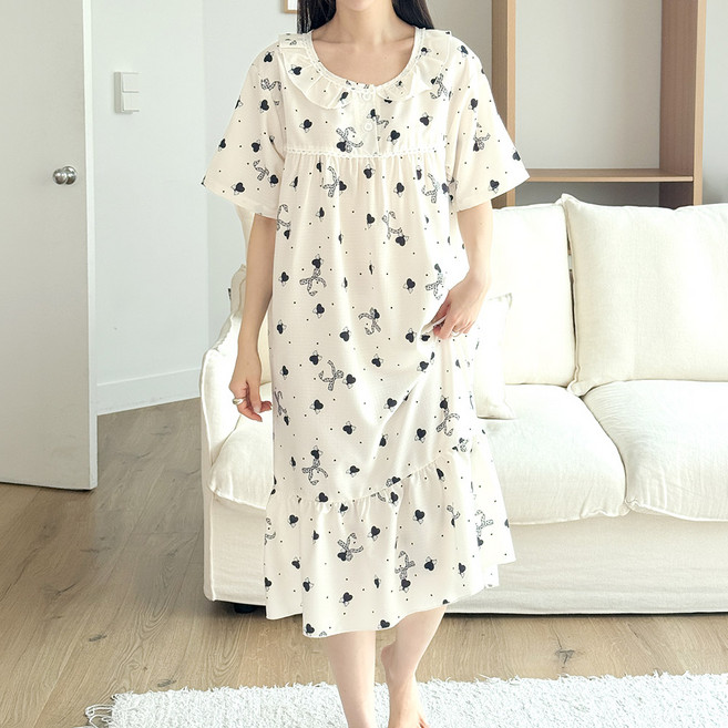 MARIQUE 여성 요루스타일 프릴 반팔원피스 잠옷 홈웨어