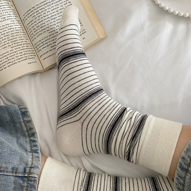 Guokr Store 커플 스트라이프 중목양말 캐주얼 데일리 2켤레 세트 사이즈 23-26cm