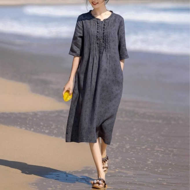 ORZQU 여름 여성 플라워 프린트 루즈핏 A라인 스커트 목이넥 미디 원피스