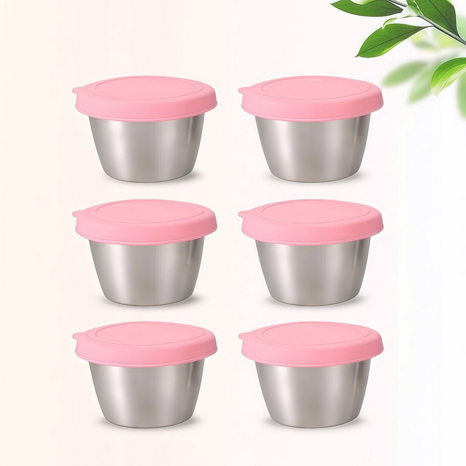 엘리펀트 304 스테인리스 소스컵 6P 세트 70ml - 단색 실리콘뚜껑 포함 넉넉한 용량의 양념 드레싱 소스 보관용기, 핑크 (딸기우유), 6개