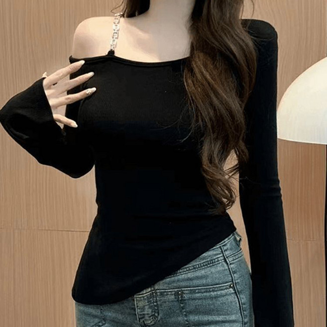 페이준 여성 가을 겨울 섹시 오프숄더 트임 긴팔 티 슬림핏 패션 티셔츠 YJ1126A