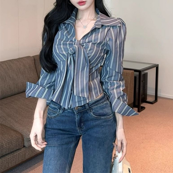 레티고 개강룩 프렌치 시크 여리핏 리본 브이넥 긴팔 크롭 셔츠