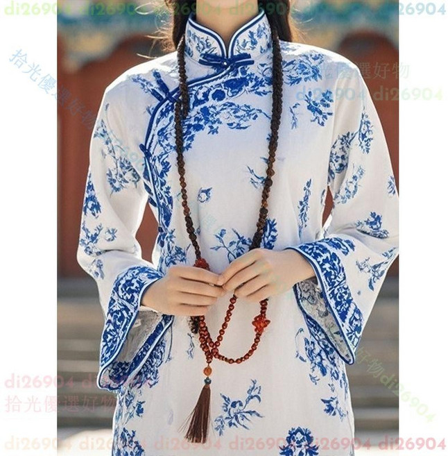 維尼好物 新中式國風復古青花瓷改良旗袍 長袖裙子, 藍白色連衣裙,XL 【125-135斤】