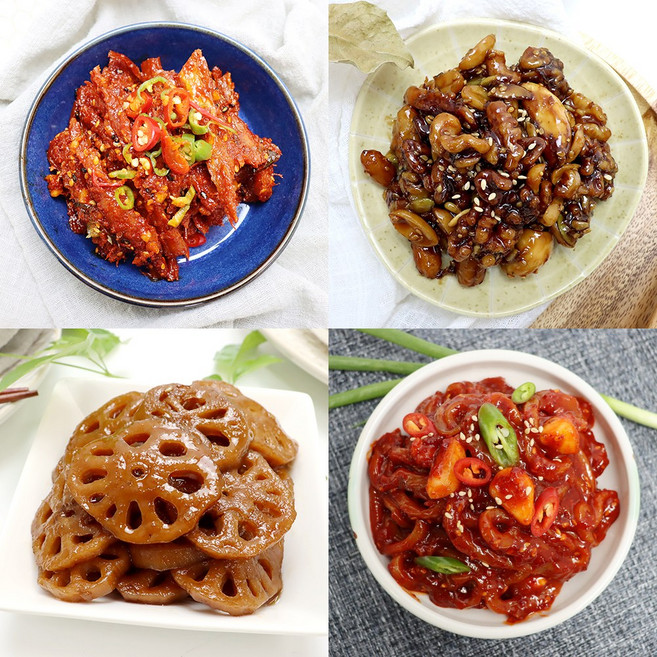 [모든반찬] 반찬4종세트 황태채무침+견과조림+연근조림+오징어젓, 1세트, 1.45kg